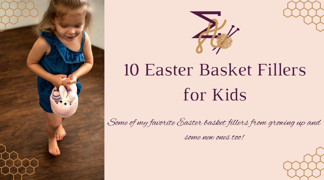 A picture of a girl holding an Easter basket with the words "10 Easter Basket Fillers for Kids"